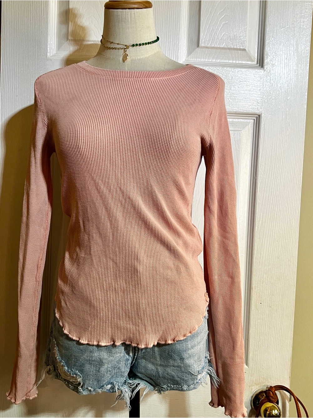 We The Free Wms Powder Pink Cotton Stretch Waffle Knit Thermal Casual Top S - Picture 2 of 9